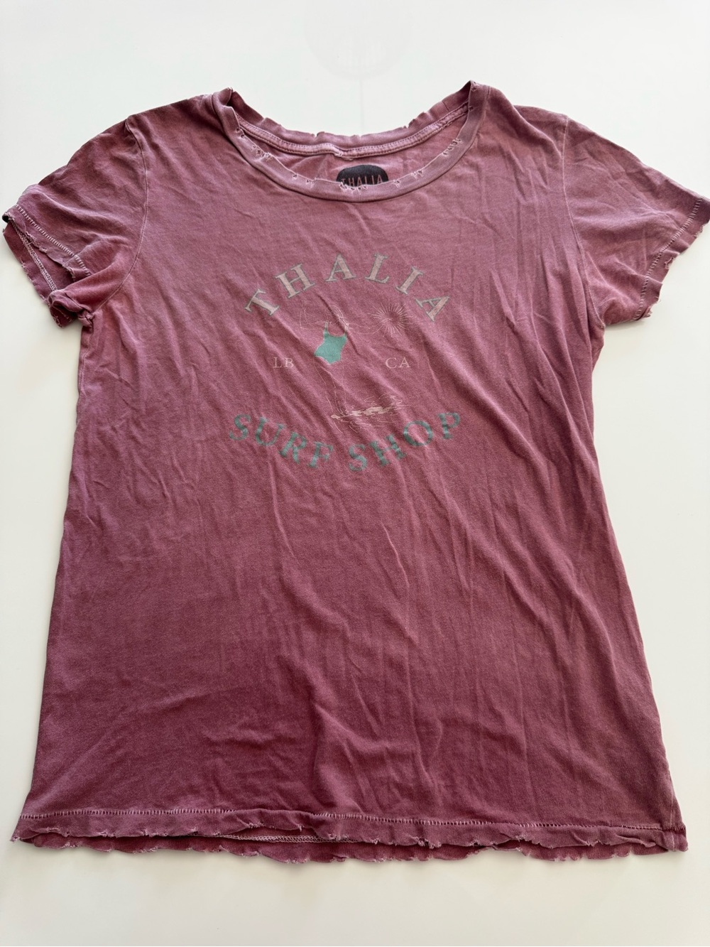 Thalia Surf Shop Laguna Beach CA Graphic Tee  Mauve Pink Acid Wash Distressed